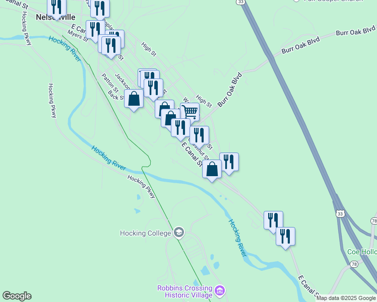 map of restaurants, bars, coffee shops, grocery stores, and more near 1025 E Canal St in Nelsonville