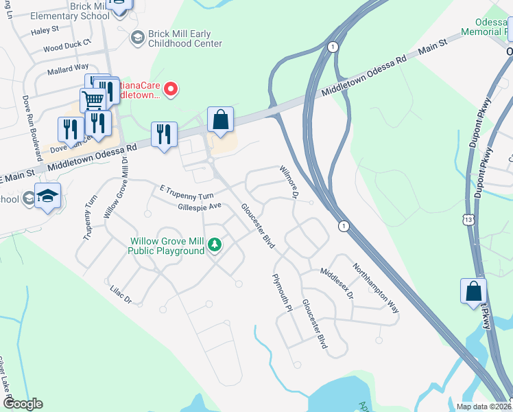 map of restaurants, bars, coffee shops, grocery stores, and more near 417 Wilmore Drive in Middletown