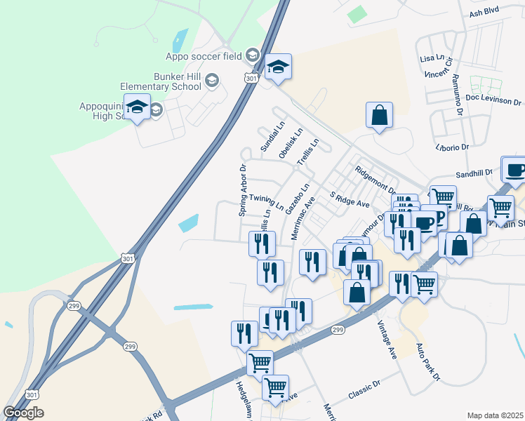 map of restaurants, bars, coffee shops, grocery stores, and more near 2 Summerhouse Lane in Middletown