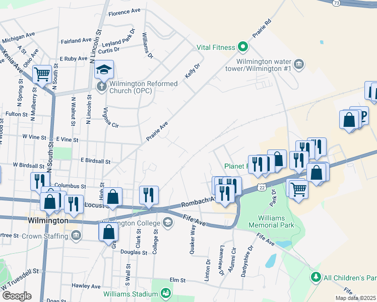 map of restaurants, bars, coffee shops, grocery stores, and more near 12 Prairie Avenue in Wilmington