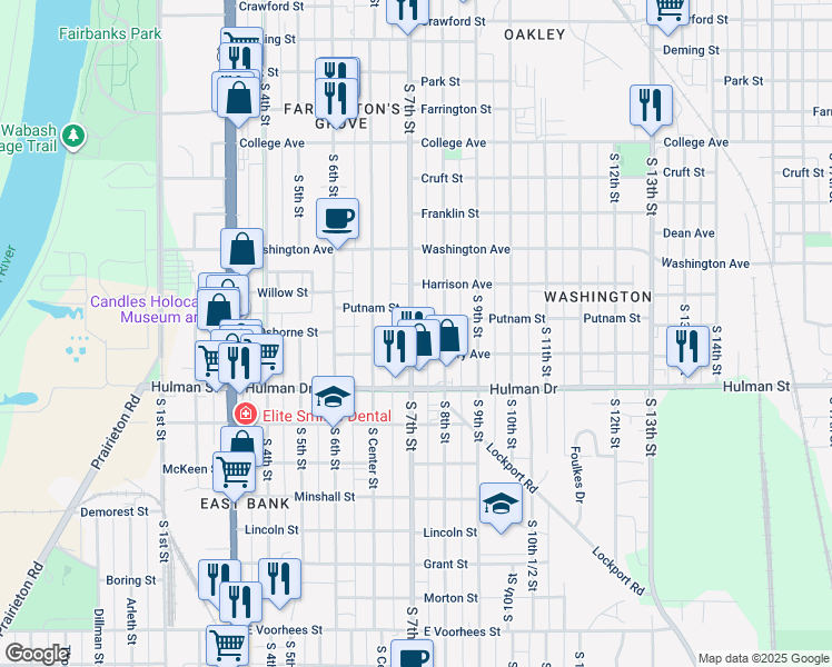 map of restaurants, bars, coffee shops, grocery stores, and more near 1510 South 7th Street in Terre Haute