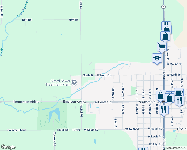 map of restaurants, bars, coffee shops, grocery stores, and more near 1025 West North Street in Girard