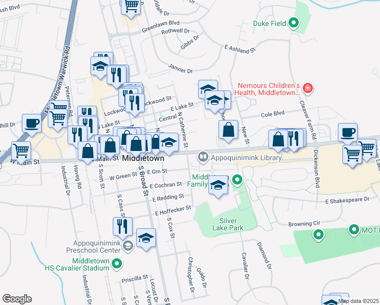 map of restaurants, bars, coffee shops, grocery stores, and more near 204 East Main Street in Middletown