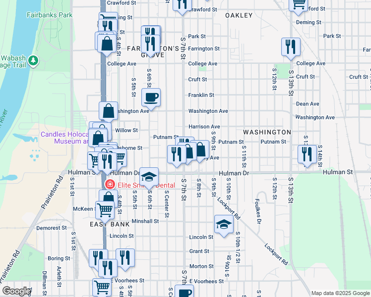 map of restaurants, bars, coffee shops, grocery stores, and more near 1510 South 7th Street in Terre Haute