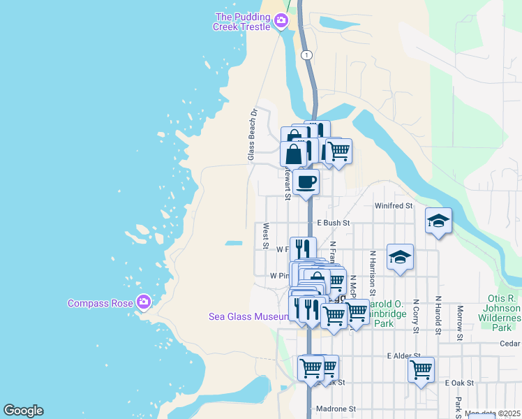 map of restaurants, bars, coffee shops, grocery stores, and more near 739 West Street in Fort Bragg