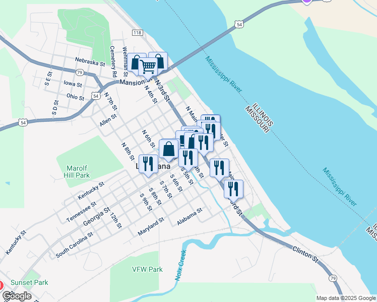 map of restaurants, bars, coffee shops, grocery stores, and more near 111 North 4th Street in Louisiana