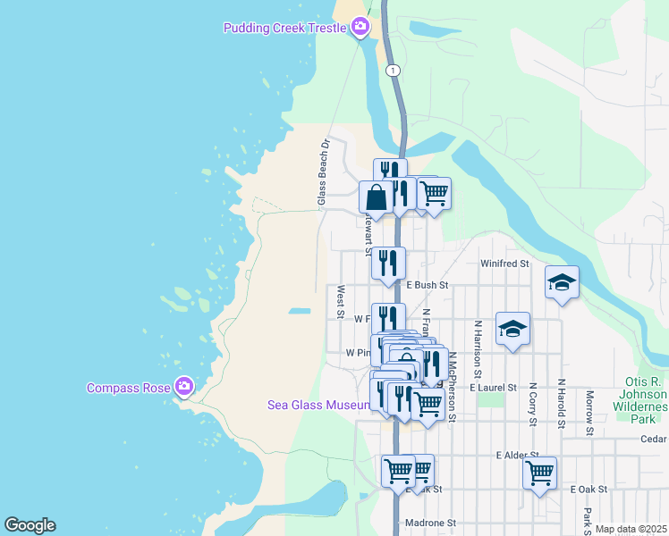 map of restaurants, bars, coffee shops, grocery stores, and more near 739 West Street in Fort Bragg