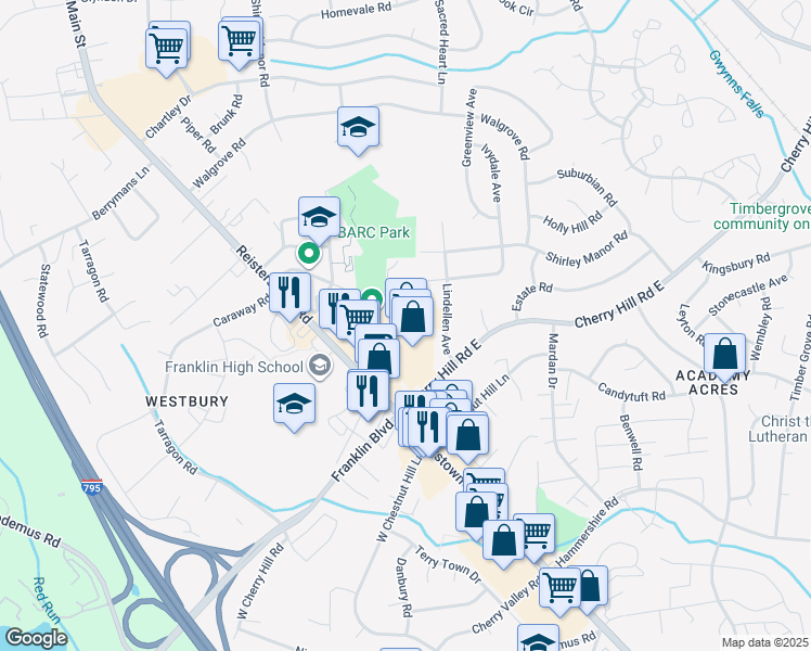 map of restaurants, bars, coffee shops, grocery stores, and more near 11953 Reisterstown Road in Reisterstown