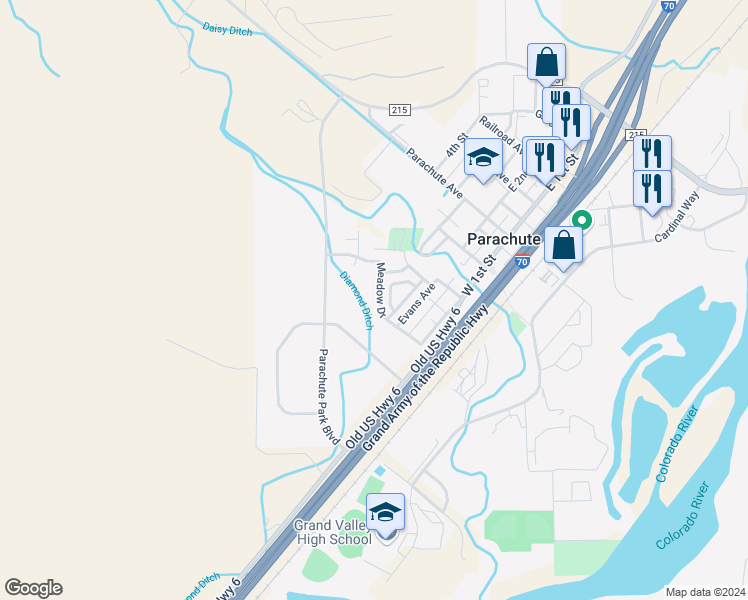 map of restaurants, bars, coffee shops, grocery stores, and more near 241 Meadow Drive in Rifle