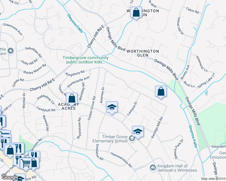 map of restaurants, bars, coffee shops, grocery stores, and more near 12 Carissa Court in Owings Mills