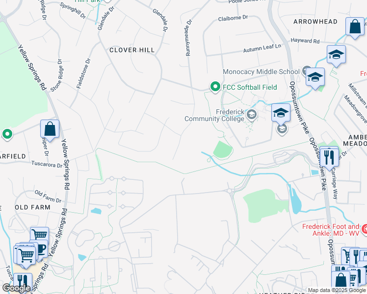 map of restaurants, bars, coffee shops, grocery stores, and more near 7907 Runnymeade Dr in Frederick