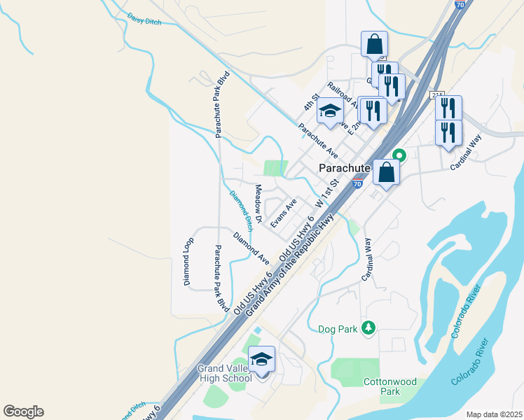 map of restaurants, bars, coffee shops, grocery stores, and more near 241 Meadow Drive in Rifle