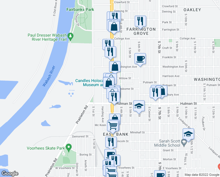 map of restaurants, bars, coffee shops, grocery stores, and more near 1521 South 3rd Street in Terre Haute