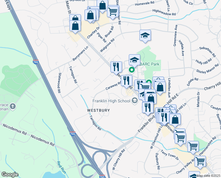 map of restaurants, bars, coffee shops, grocery stores, and more near 19 Caraway Road in Reisterstown