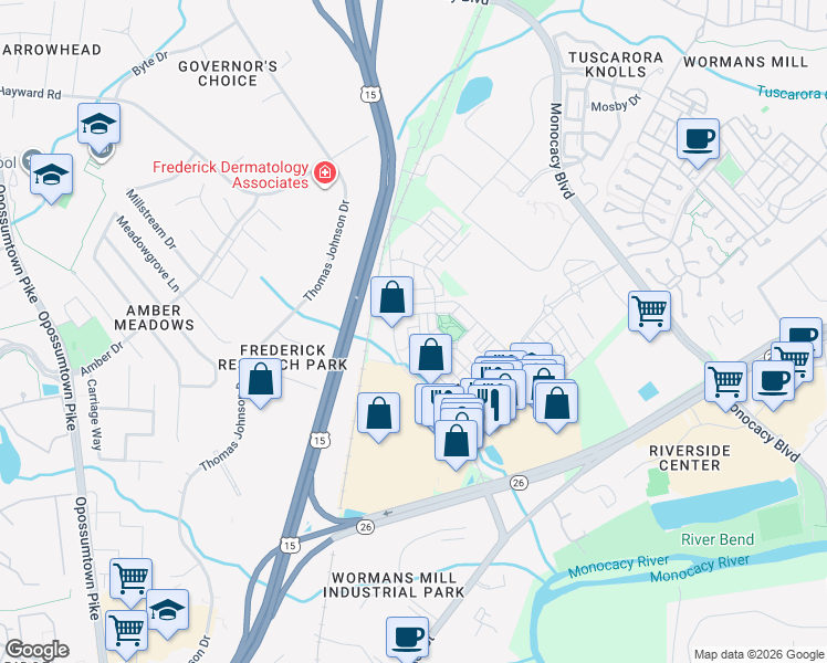map of restaurants, bars, coffee shops, grocery stores, and more near 2737 Egret Way in Frederick