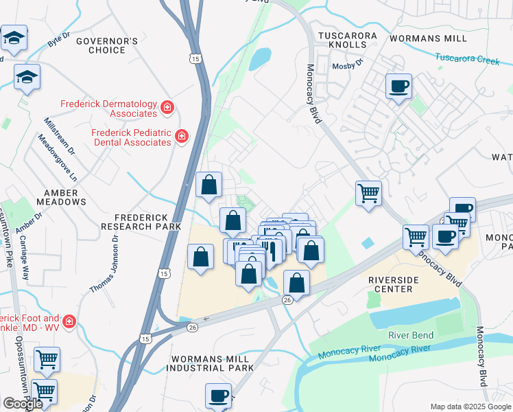 map of restaurants, bars, coffee shops, grocery stores, and more near Cormorant Place in Frederick