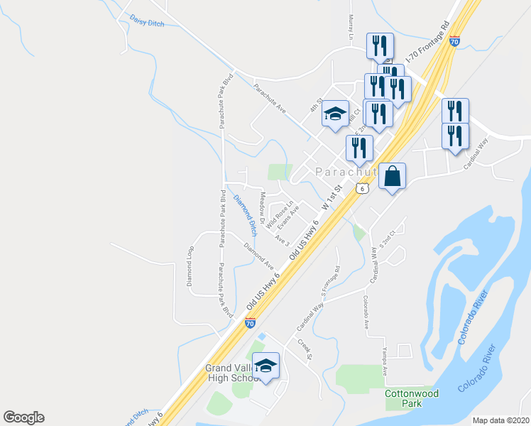 map of restaurants, bars, coffee shops, grocery stores, and more near 450 Yarrow Circle in Parachute