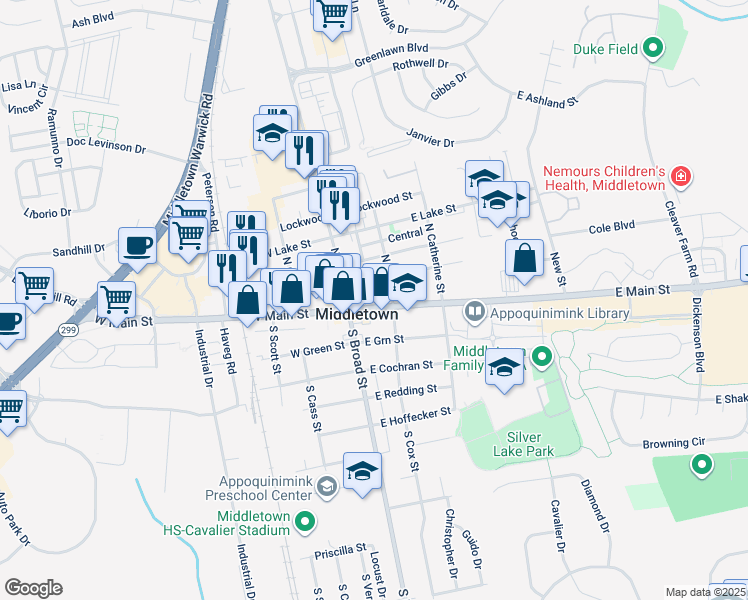 map of restaurants, bars, coffee shops, grocery stores, and more near 41 East Main Street in Middletown