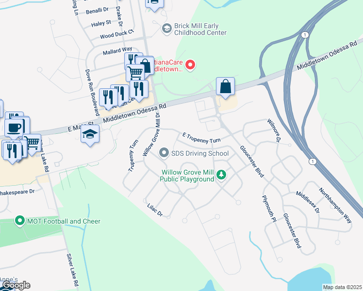 map of restaurants, bars, coffee shops, grocery stores, and more near 103 Gillespie Avenue in Middletown