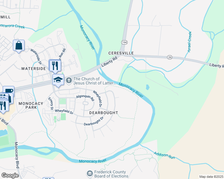 map of restaurants, bars, coffee shops, grocery stores, and more near 1715 Castle Rock Road in Frederick