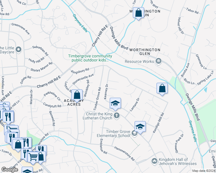 map of restaurants, bars, coffee shops, grocery stores, and more near 329 Kearney Drive in Owings Mills