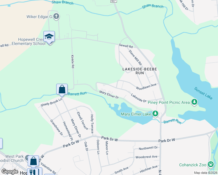 map of restaurants, bars, coffee shops, grocery stores, and more near 54 Lakeside Drive in Bridgeton
