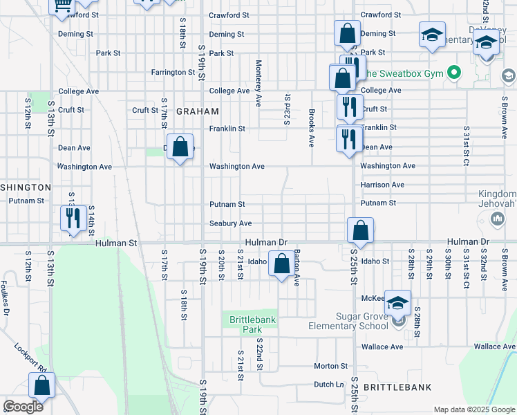 map of restaurants, bars, coffee shops, grocery stores, and more near 2145 Putnam Street in Terre Haute