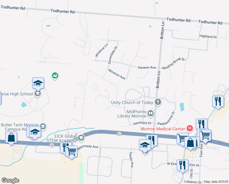 map of restaurants, bars, coffee shops, grocery stores, and more near 333 Wexford Way in Monroe