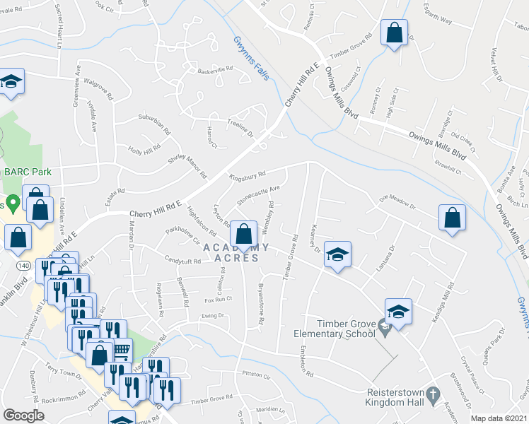 map of restaurants, bars, coffee shops, grocery stores, and more near 314 Wembley Rd in Reisterstown