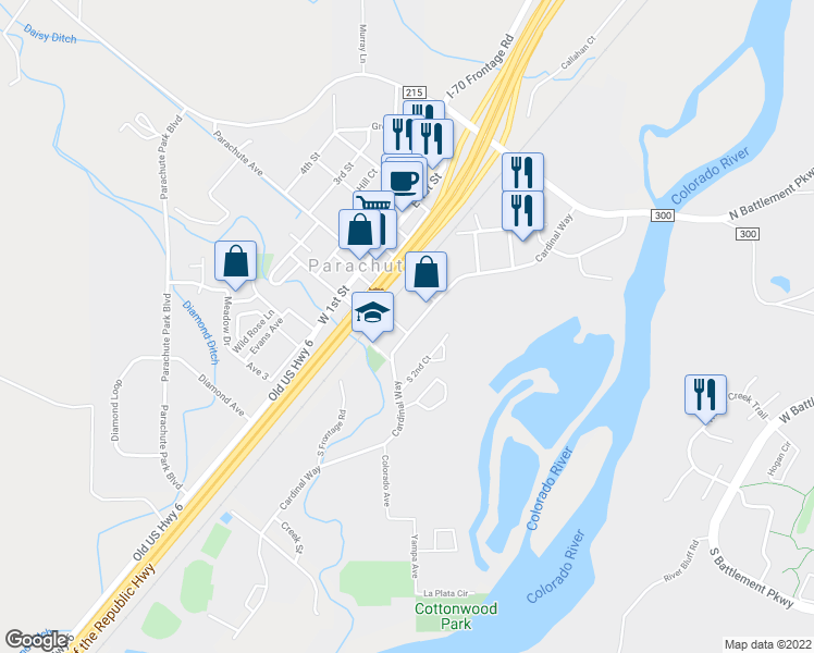 map of restaurants, bars, coffee shops, grocery stores, and more near 160 Cardinal Way in Parachute