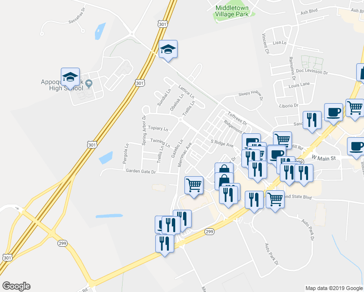 map of restaurants, bars, coffee shops, grocery stores, and more near 118 Gazebo Lane in Middletown