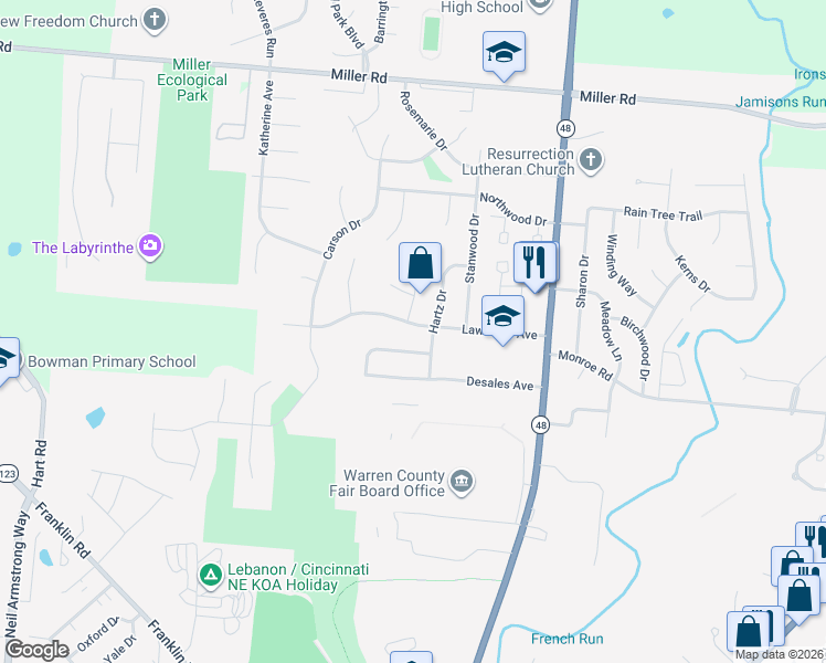 map of restaurants, bars, coffee shops, grocery stores, and more near 105 Lawndale Avenue in Lebanon