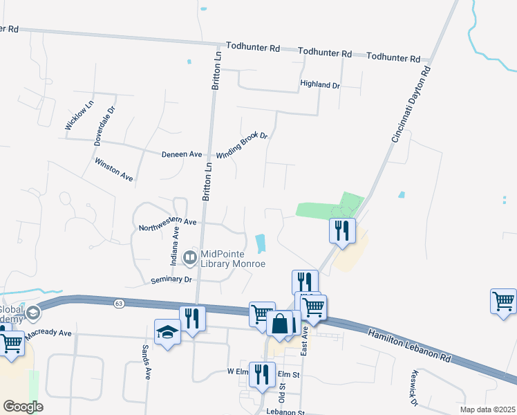 map of restaurants, bars, coffee shops, grocery stores, and more near 250 Overbrook Court in Monroe