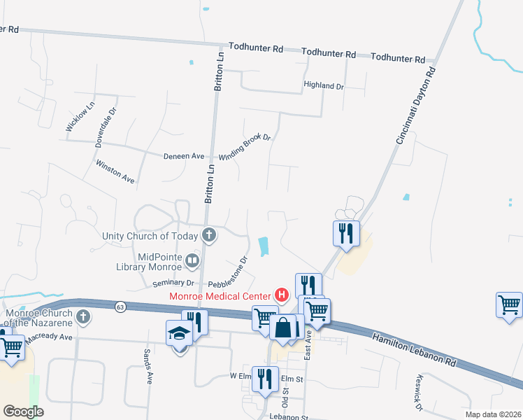 map of restaurants, bars, coffee shops, grocery stores, and more near 350 Pebblestone Drive in Monroe
