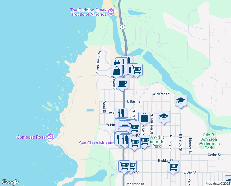 map of restaurants, bars, coffee shops, grocery stores, and more near 744 Stewart Street in Fort Bragg