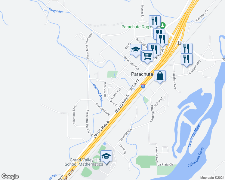 map of restaurants, bars, coffee shops, grocery stores, and more near 360 Wild Rose Lane in Parachute