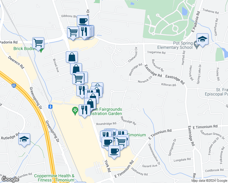 map of restaurants, bars, coffee shops, grocery stores, and more near 67 Yorkview Dr in Lutherville-Timonium