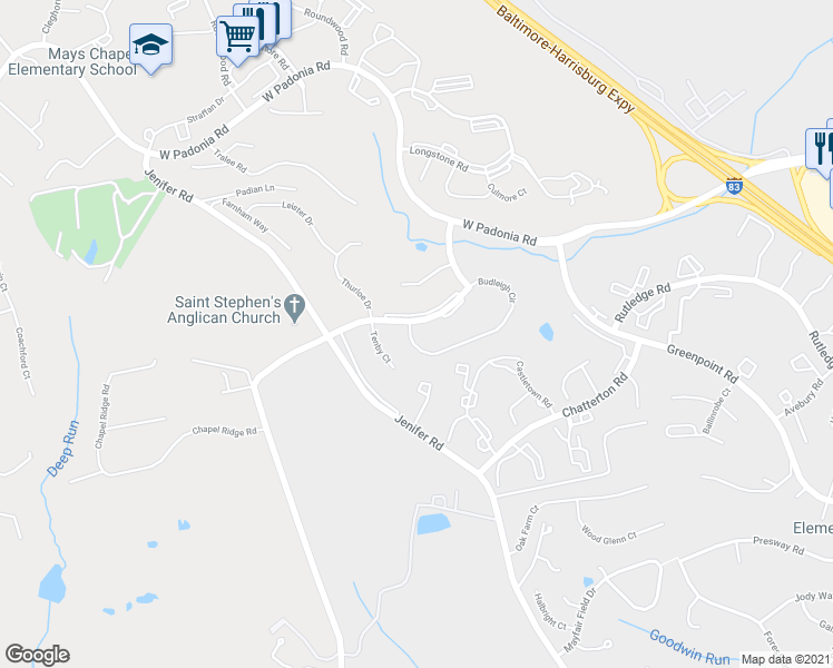 map of restaurants, bars, coffee shops, grocery stores, and more near 605 Budleigh Circle in Lutherville-Timonium