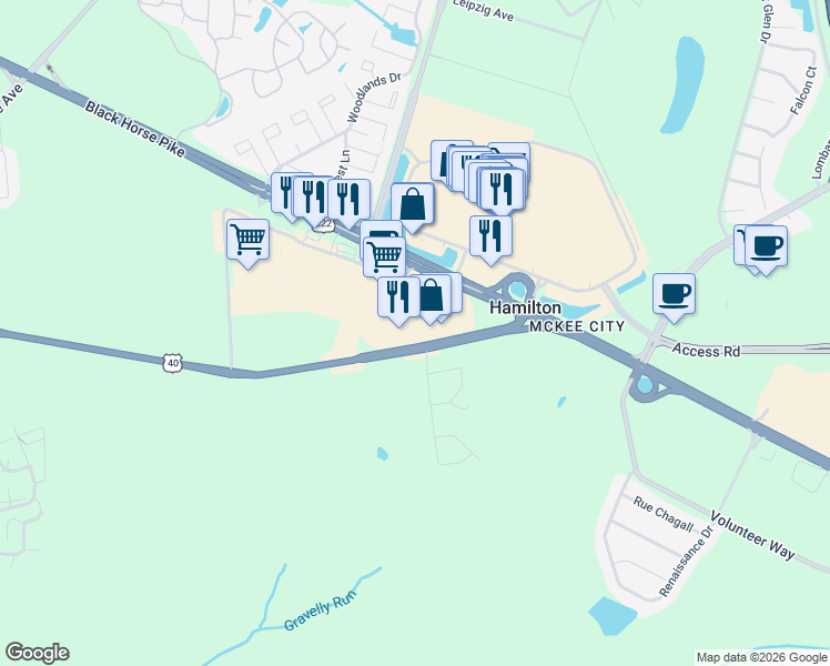 map of restaurants, bars, coffee shops, grocery stores, and more near 4522 Harding Highway in Hamilton Township