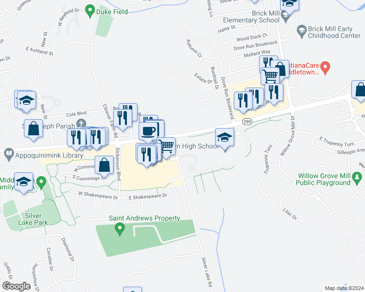 map of restaurants, bars, coffee shops, grocery stores, and more near 100 Silver Lake Road in Middletown
