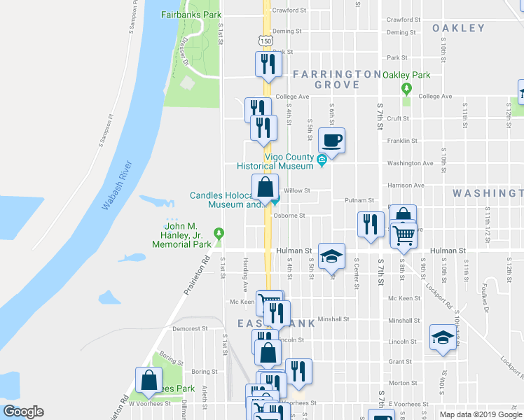map of restaurants, bars, coffee shops, grocery stores, and more near 1521 South 3rd Street in Terre Haute