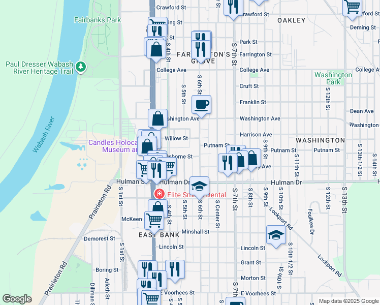 map of restaurants, bars, coffee shops, grocery stores, and more near 514 Osborne Street in Terre Haute