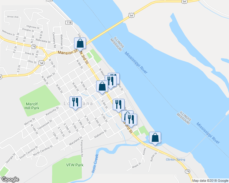 map of restaurants, bars, coffee shops, grocery stores, and more near 125 South Main Street in Louisiana