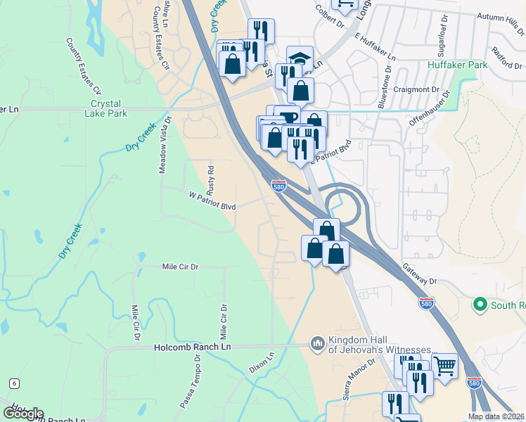 map of restaurants, bars, coffee shops, grocery stores, and more near 8219 Rocky Meadows Circle in Reno