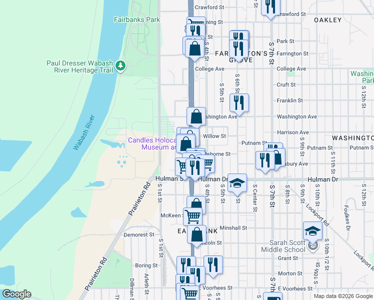 map of restaurants, bars, coffee shops, grocery stores, and more near 1521 South 3rd Street in Terre Haute