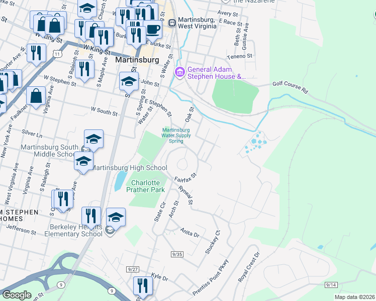 map of restaurants, bars, coffee shops, grocery stores, and more near 226 East Stephen Street in Martinsburg