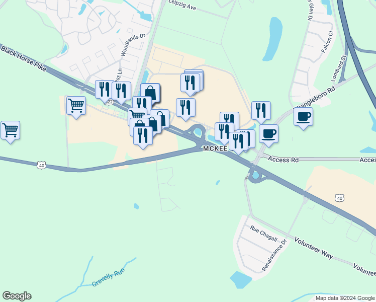 map of restaurants, bars, coffee shops, grocery stores, and more near Harding Highway in Hamilton Township