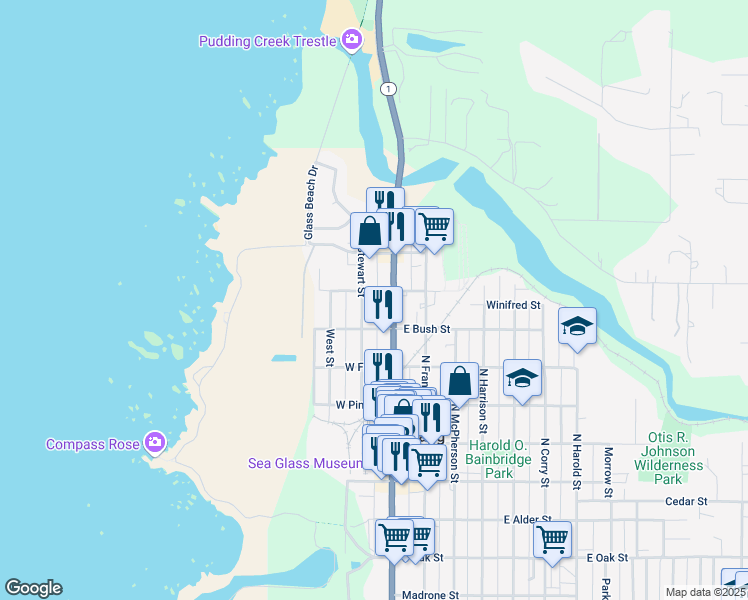 map of restaurants, bars, coffee shops, grocery stores, and more near in Fort Bragg