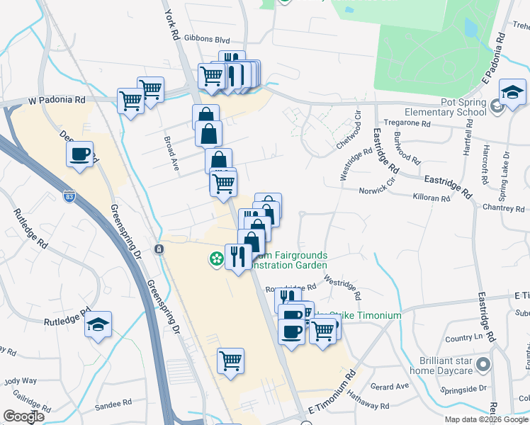 map of restaurants, bars, coffee shops, grocery stores, and more near 2311 York Road in Lutherville-Timonium