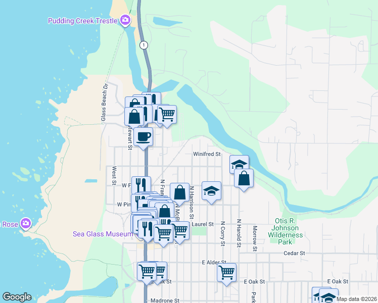 map of restaurants, bars, coffee shops, grocery stores, and more near 360 Winifred Street in Fort Bragg